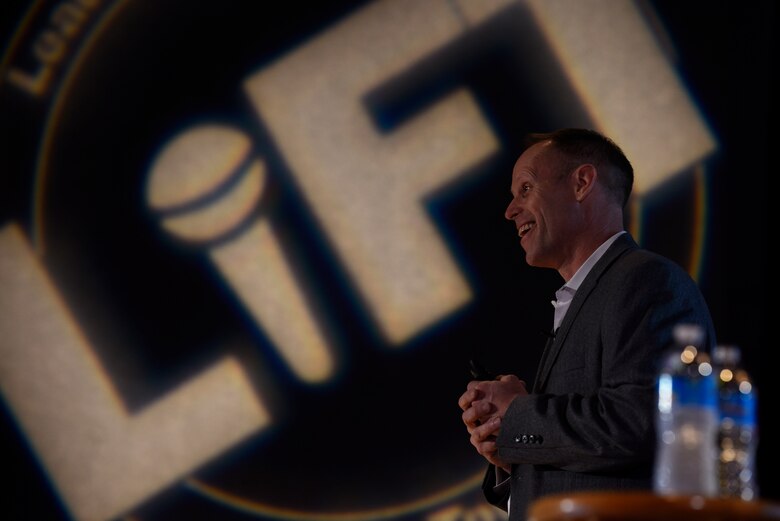 Retired U.S. Air Force Brig. Gen. Blaine Holt, Braidy Industries chief operating officer, addresses attendees of the 2019 Leaders Inspiring for Tomorrow summit in the base theater at Fairchild Air Force Base, Washington, April 19, 2019. LIFT is an event designed to host dynamic and innovative speakers that will inspire Airmen to be better leaders and innovators, and work to develop those skills to find new and better ways to effectively complete the mission. (U.S. Air Force photo by Airman 1st Class Lawrence Sena)