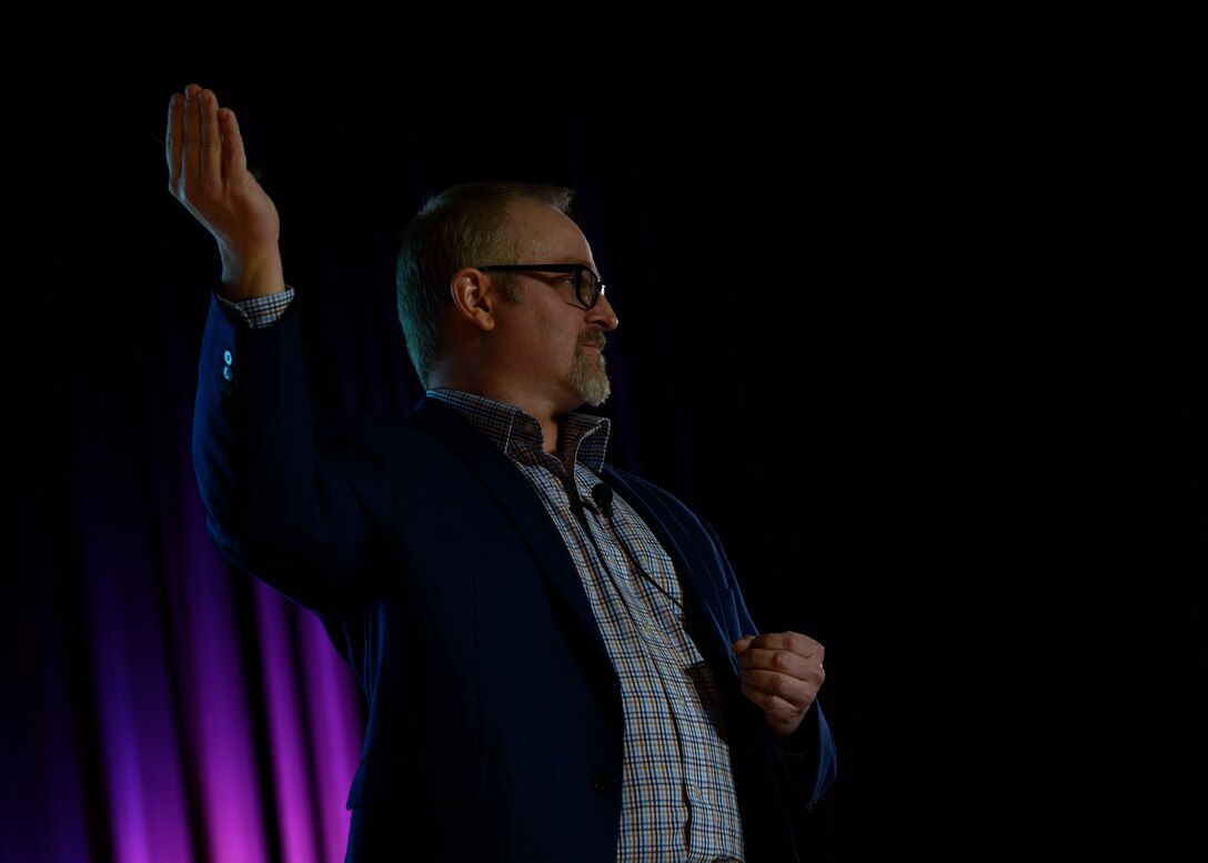 Kevin Sanders, Becoming Trusted owner, speaks about triggering trust for breakthrough innovation for the 2019 Leaders Inspiring for Tomorrow summit in the base theater at Fairchild Air Force Base, Washington, April 19, 2019. This year’s LIFT summit consisted of seven speakers who are retired military, active duty and business executives with ties to the local area. Each spoke for 20 minutes and shared their stories of innovative success and how to develop a culture of innovation. (U.S Air Force photo by Airman 1st Class Lawrence Sena)
