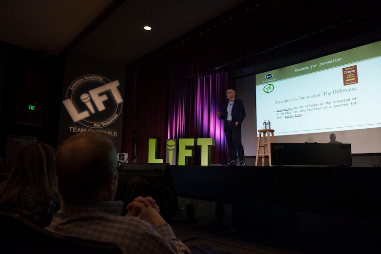 Chris Wood, Ten X Strategies L.L.C managing director, discusses the differences between invention and innovation during the 2019 Leaders Inspiring for Tomorrow summit in the base theater at Fairchild Air Force Base, Washington, April 19, 2019. LIFT required over 3 months of planning and coordination from a team of over 30 members throughout Fairchild, allowing it to not only be shared with the 400 attendees on base, but also to be live streamed and loaded onto the Defense Visual Information Distribution System, DVIDS, for those who were unable to attend. (U.S Air Force photo by Airman 1st Class Lawrence Sena)