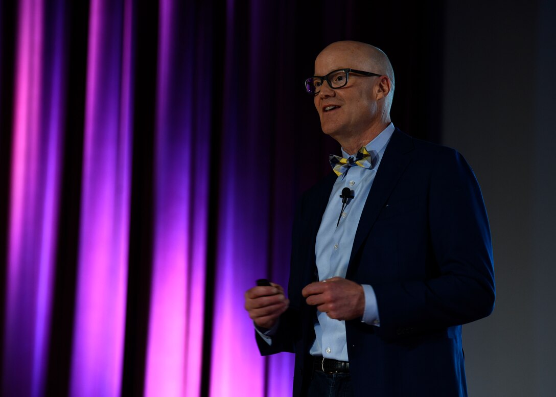 Chris Wood, Ten X Strategies L.L.C managing director, speaks on developing a roadmap for innovation during the 2019 Leaders Inspiring for Tomorrow summit in the base theater at Fairchild Air Force Base, Washington, April 19, 2019. Team Fairchild hosted the third annual LIFT summit, with this year’s showcase focused on inspiring innovation. (U.S. Air Force photo by Airman 1st Class Lawrence Sena)