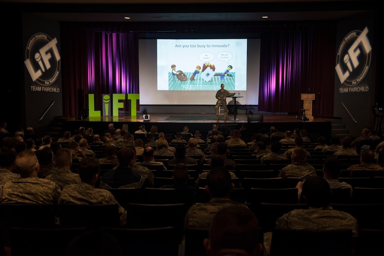 U.S. Air Force Maj. Mark Watson, 92nd Operations Group chief of training, speaks during the 2019 Leaders Inspiring for Tomorrow summit in the base theater at Fairchild Air Force Base, Washington, April 19, 2019. The 2019 LIFT summit shifted its focus from its 2018 theme of developing leadership skills, to developing and promoting innovation. (U.S. Air Force photo by Airman 1st Class Lawrence Sena)