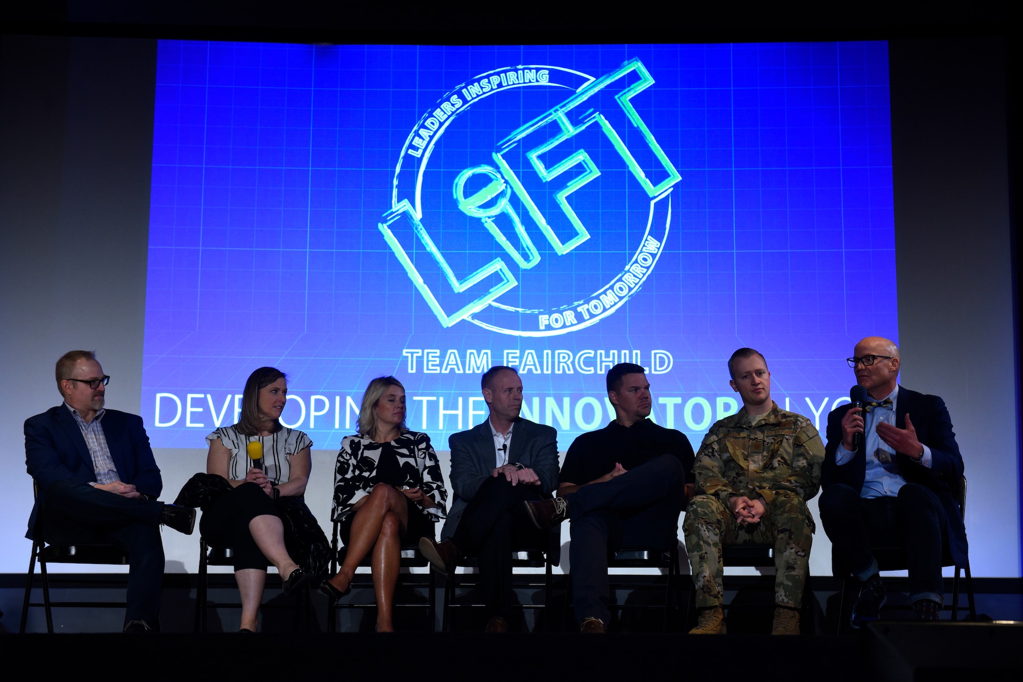 A panel of presenters for the 2019 Leaders Inspiring for Tomorrow summit answers attendees’ questions in base theater at Fairchild Air Force Base, Washington, April 19, 2019. New to this year’s summit, a 40-minute panel was held for those in attendance to have their questions directly answered by the speakers. (U.S. Air Force photo by Airman 1st Class Lawrence Sena)