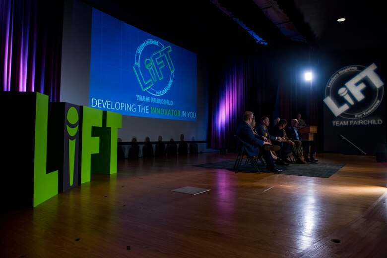 A panel consisting of presenters for the 2019 Leaders Inspiring for Tomorrow summit receive a question from an attendee in the base theater at Fairchild Air Force Base, Washington, April 19, 2019. LIFT featured a diverse group of presenters who have led and inspired in a variety of venues including military, community, business and life. (U.S. Air Force photo by Airman 1st Class Lawrence Sena)