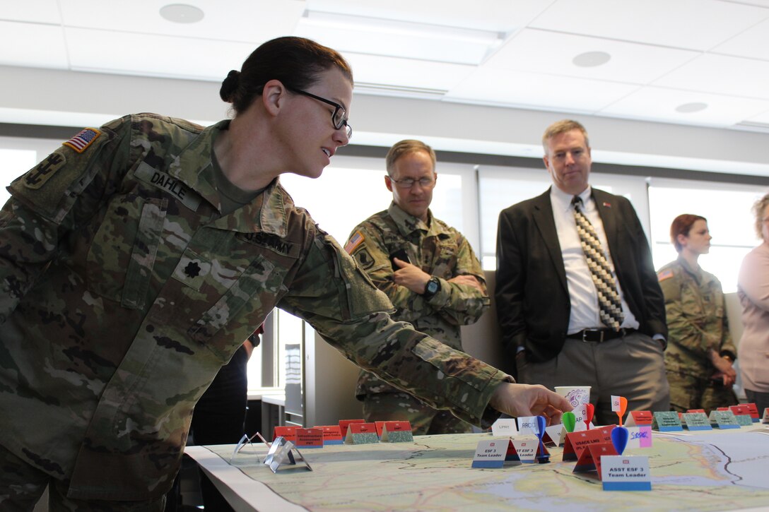 Philadelphia District Commander Lt. Col. Kristen Dahle takes part in a hurricane exercise in Baltimore District's Emergency Operations Center, April 18, 2019. This exercise concluded a weeklong Regional Governance Meeting hosted by Baltimore District in which Dahle joined other leaders from North Atlantic Division (NAD) to include NAD Commander Maj. Gen. Jeffrey Milhorn, NAD Regional Business Director Reinhard Koenig, NAD Programs Director Karen Baker and the commanders from all six NAD districts.