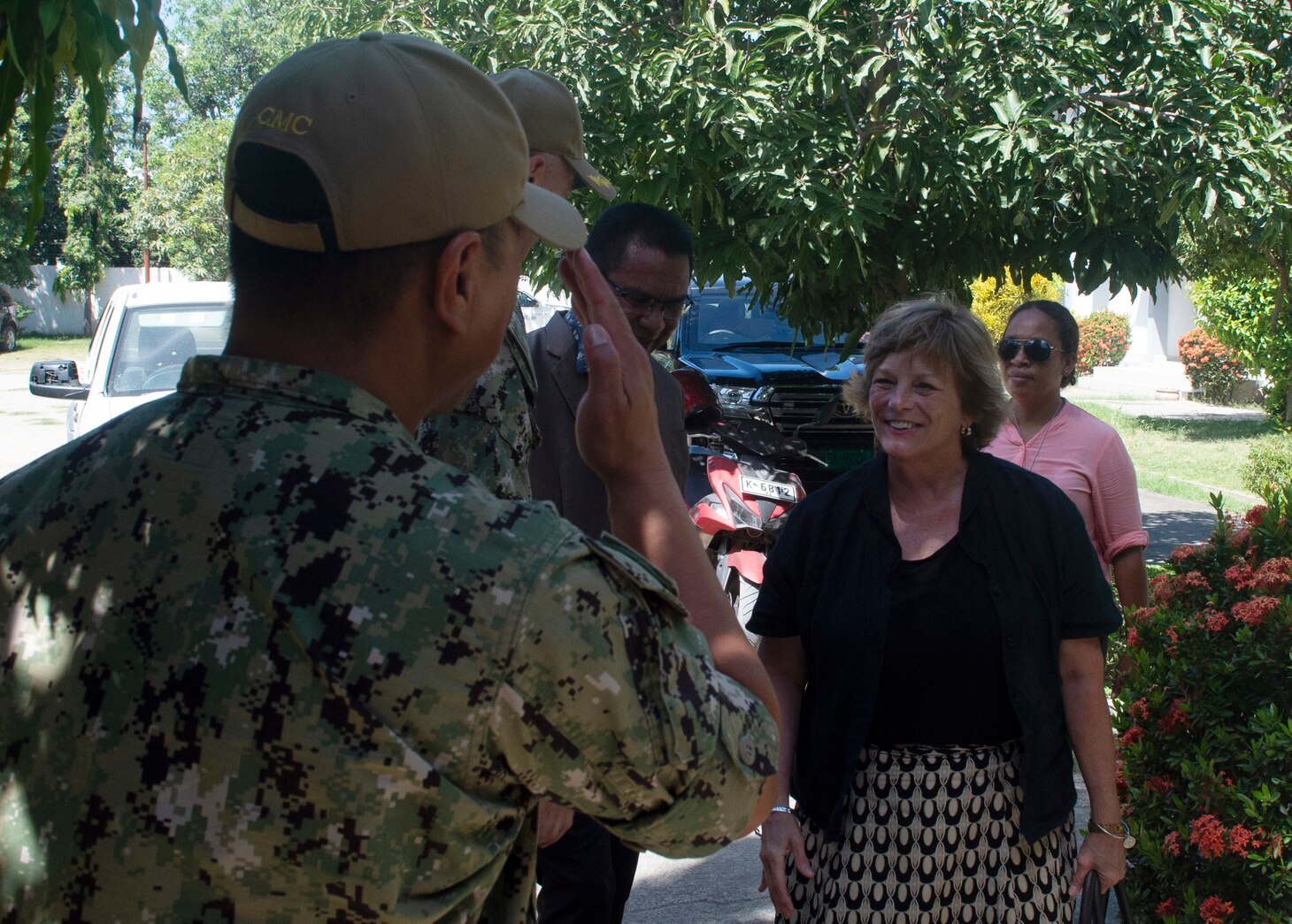 DILI, Timor-Leste (April 24, 2019) – Kathleen Fitzpatrick, U.S. ambassador to Timor-Leste, arrives at the Timor-Leste National Institute of Health to attend a ground-breaking ceremony. The event marks the start of construction on the facility that will be used to help train Timorese medical professionals in emergency medical response techniques. Pacific Partnership, now in its 14th iteration, is the largest annual multinational humanitarian assistance and disaster relief preparedness mission conducted in the Indo-Pacific. Each year the mission team works collectively with host and partner nations to enhance regional interoperability and disaster response capabilities, increase security and stability in the region, and foster new and enduring friendships in the Indo-Pacific.