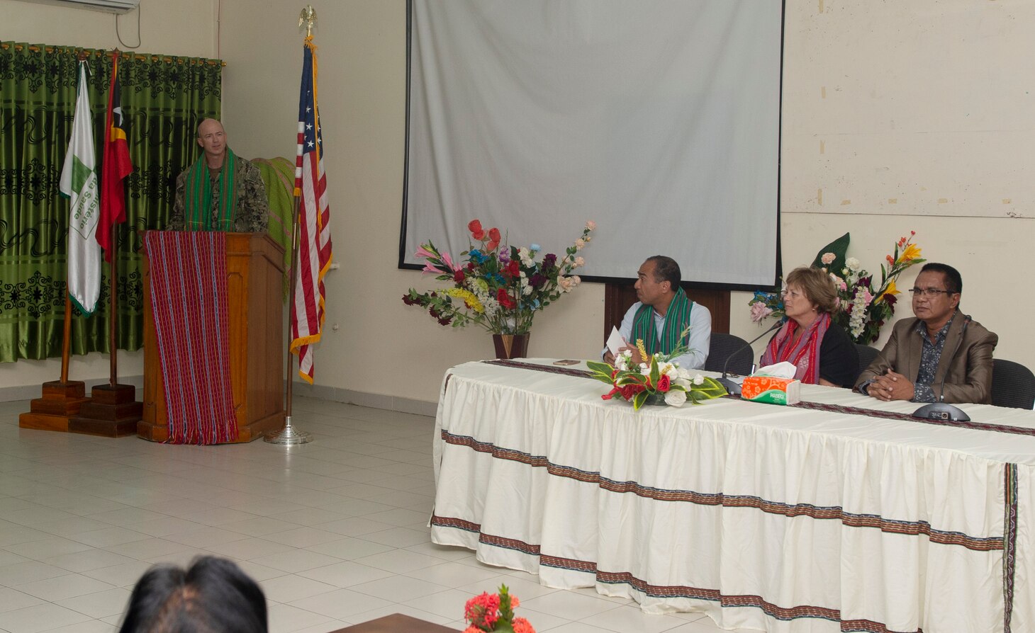 DILI, Timor-Leste (April 24, 2019) – Capt. Randy Van Rossum, Pacific Partnership 2019 mission commander, delivers remarks during a ground-breaking ceremony at the Timor-Leste National Institute of Health. The event marks the start of construction on the facility that will be used to help train Timorese medical professionals in emergency medical response techniques. Pacific Partnership, now in its 14th iteration, is the largest annual multinational humanitarian assistance and disaster relief preparedness mission conducted in the Indo-Pacific. Each year the mission team works collectively with host and partner nations to enhance regional interoperability and disaster response capabilities, increase security and stability in the region, and foster new and enduring friendships in the Indo-Pacific.