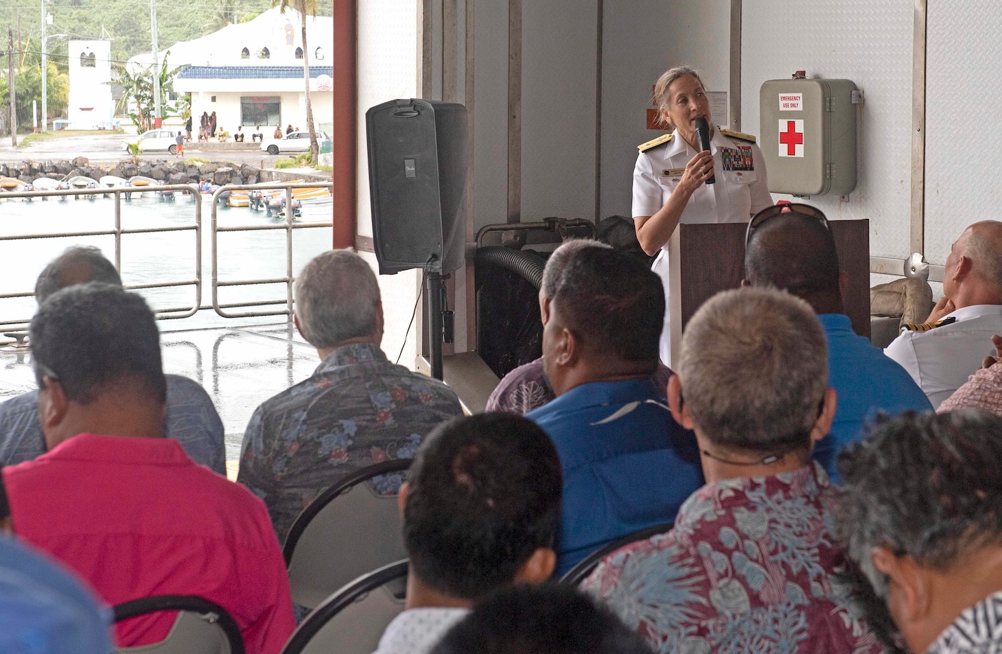 CHUUK, Federated States of Micronesia (April 25, 2019) U.S. Navy Rear Adm. Shoshana Chatfield, Commander, Joint Region Marianas, gives remarks at the closing ceremony aboard the Military Sealift Command expeditionary fast transport ship USNS Brunswick (T-EPF 6), strengthening strategic partnerships during Pacific Partnership 2019. Pacific Partnership, now in its 14th iteration, is the largest annual multinational humanitarian assistance and disaster relief preparedness mission conducted in the Indo-Pacific.