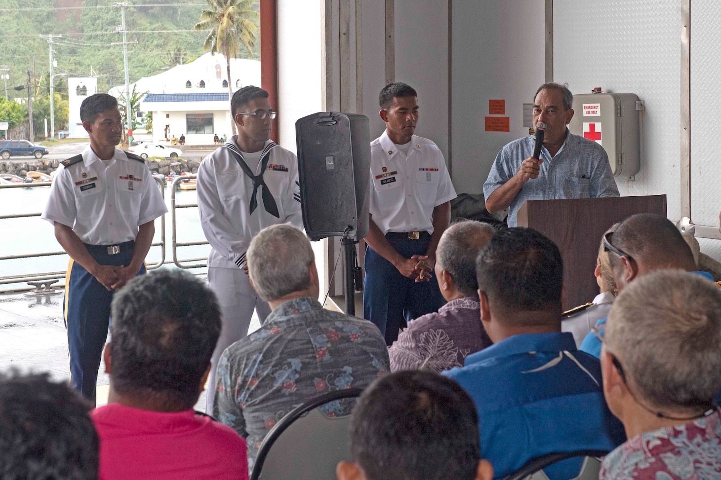 CHUUK, Federated States of Micronesia (April 25, 2019) His Excellency President Peter Christian, president of the Federated States of Micronesia, recognizes U.S. Army Spc. Rally Gilmete from Pohnpei, Micronesia, U.S. Navy Information Systems Technician 2nd Class KN Nethon from Uman, Micronesia, and U.S. Army Sgt. Joseia Lemari, a Xavier High School graduate, during the closing ceremony aboard the Military Sealift Command expeditionary fast transport ship USNS Brunswick (T-EPF 6), strengthening strategic partnerships during Pacific Partnership 2019.