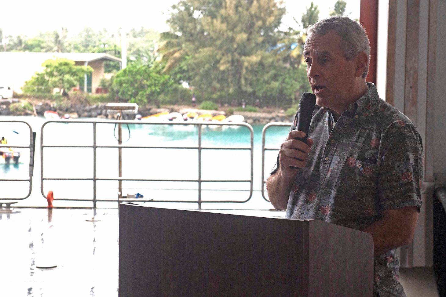 CHUUK, Federated States of Micronesia (April 25, 2019) The Honorable Robert Riley, U.S. Ambassador to the Federated States of Micronesia, gives remarks at the closing ceremony aboard the Military Sealift Command expeditionary fast transport ship USNS Brunswick (T-EPF 6), strengthening strategic partnerships during Pacific Partnership 2019. Pacific Partnership, now in its 14th iteration, is the largest annual multinational humanitarian assistance and disaster relief preparedness mission conducted in the Indo-Pacific.