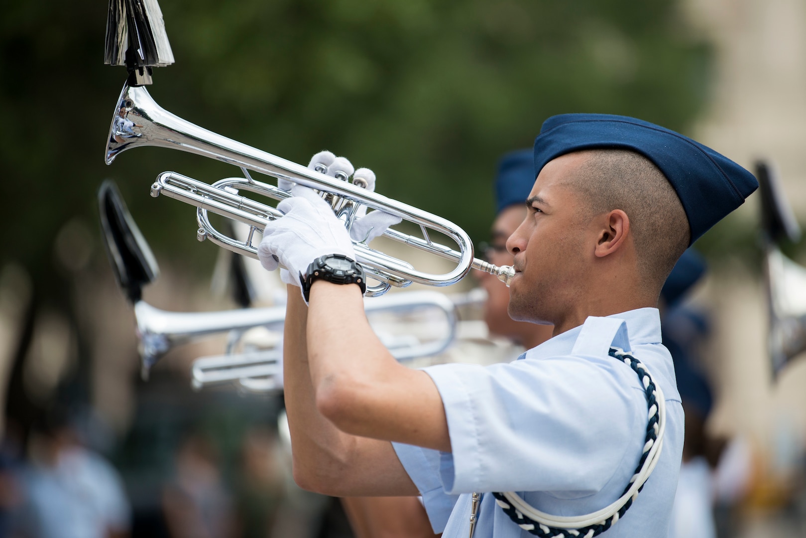 An Air Force basic military trainee, 321st Training Squadron, Joint Base San Antonio-Lackland Drum and Bugle Corps, performs during San Antonio’s Fiesta Air Force Day at the Alamo, April 22, 2019. From its beginning in 1891, Fiesta has grown into an annual celebration that includes civic and military observances, street and river parades, exhibits, pilgrimages and memorials.