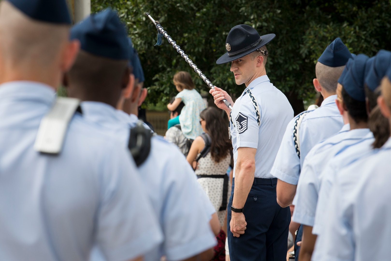 Master Sgt. Douglas Kost, 321st Training Squadron military training instructor, marches the Joint Base San Antonio-Lackland Drum and Bugle Corps after performing during San Antonio’s Fiesta Air Force Day at the Alamo, April 22, 2019. From its beginning in 1891, Fiesta has grown into an annual celebration that includes civic and military observances, street and river parades, exhibits, pilgrimages and memorials.
