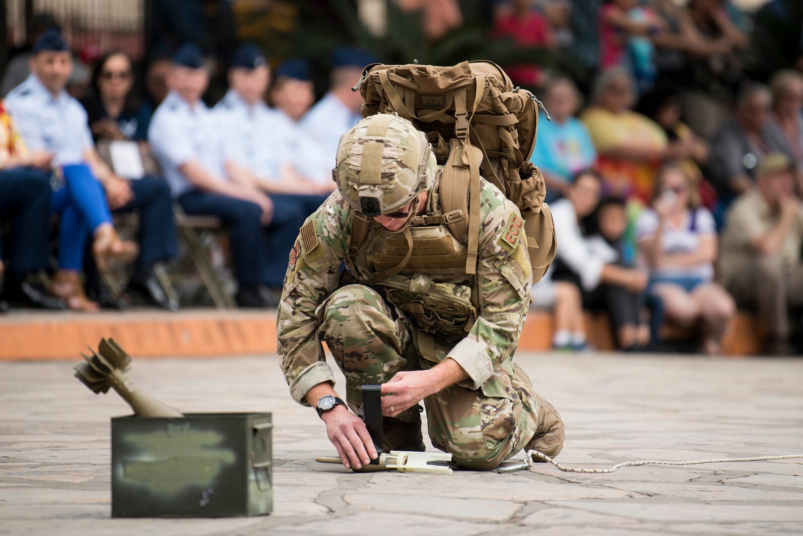 A member of the 502nd Civil Engineer Squadron, Explosive Ordnance Disposal, demonstrates equipment and methods for bomb detection and disposal during San Antonio’s Fiesta Air Force Day at the Alamo, April 22, 2019. From its beginning in 1891, Fiesta has grown into an annual celebration that includes civic and military observances, street and river parades, exhibits, pilgrimages and memorials.