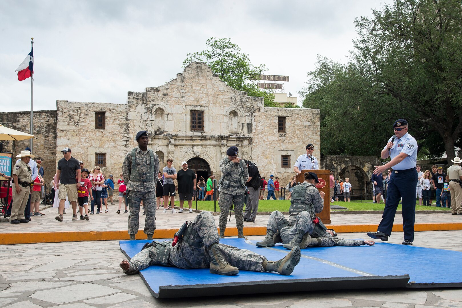 Members of the 343rd Training Squadron, perform apprehension techniques during San Antonio’s Fiesta Air Force Day at the Alamo, April 22, 2019. From its beginning in 1891, Fiesta has grown into an annual celebration that includes civic and military observances, street and river parades, exhibits, pilgrimages and memorials.