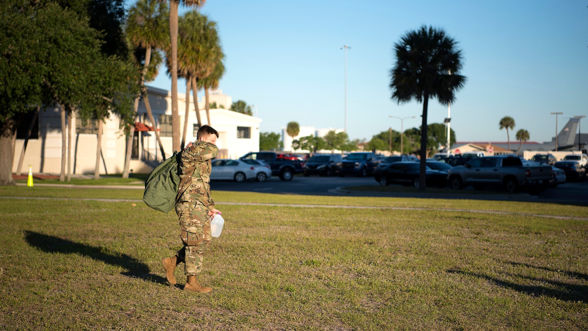 A U.S. Airman walks with a deployment bag during the Operation Open Horizon training exercise April 16, 2019, at MacDill Air Force Base, Fla. The 6th Contracting Squadron partnered with the 6th Comptroller Squadron to expose Airmen to the unique duty requirements of providing contracting and pay agent support in a deployed environment.