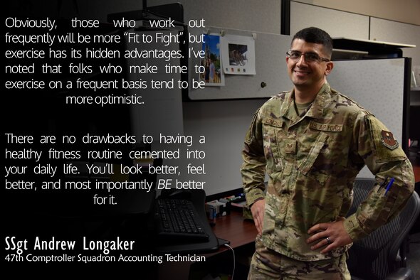 Staff Sgt. Andrew Longaker, a 47th Comptroller Squadron accounting technician, discusses the importance of keeping all of the Comprehensive Airman Fitness pillars strong and stable. “These pillars all rely on one another, meaning that when one pillar is weakened or destroyed, the other three pillars have to carry more weight,” Longaker said. “Eventually, one weakened pillar leads to four weakened pillars, damaging the integrity of any Airman.  Lower fitness levels can eventually lead to lower energy levels and failed PT Tests, which can begin to affect the Mental & Social pillars if they go unchecked.” (U.S. Air Force graphic by Senior Airman John A. Crawford)