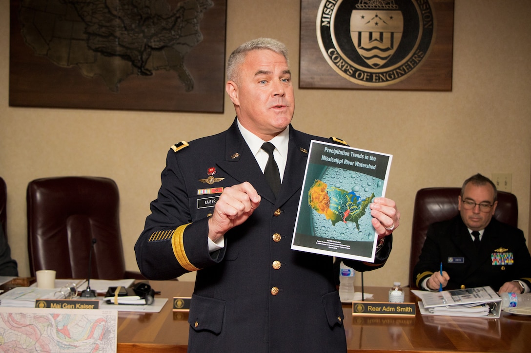 Maj. Gen. Richard Kaiser, president of the Mississippi River Commission, opened the Rosedale, Mississippi, public hearing aboard the Motor Vessel MISSISSIPPI, April 9, 2019, by explaining current precipitation trends.