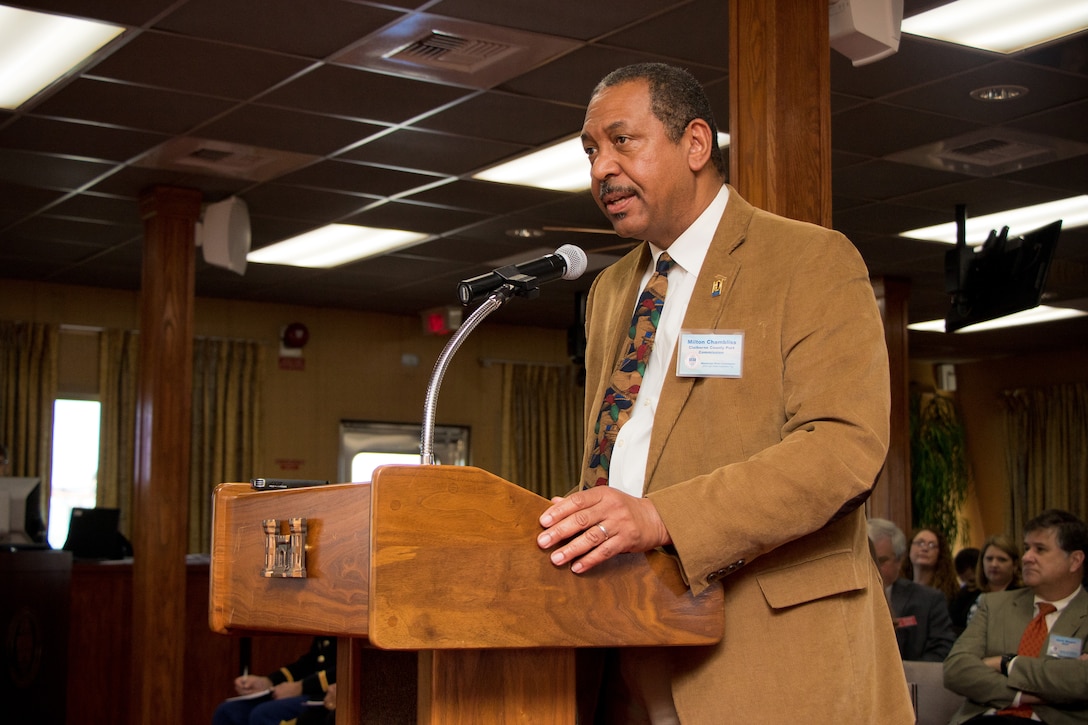 Milton Chambliss, with the Claiborne County Port Commission, gives testimony to the Mississippi River Commission (MRC) aboard the MV Mississippi in Rosedale, Mississippi, April 10, 2019.
