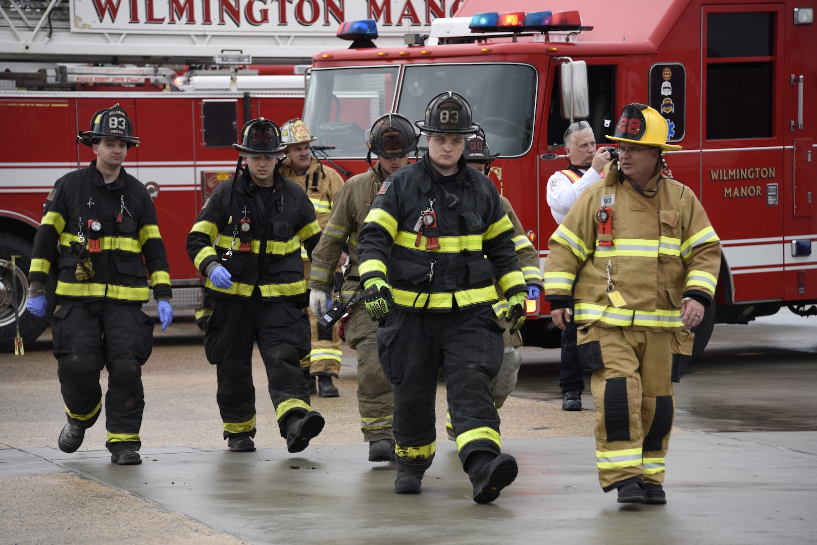 Wilmington manor Firefighters arrive on scene to assist the 166th Civil Engineer Squadron Firefighters during Operation Blue Skywalker, April 10, 2019 at Delaware National Guard Base, Del. Wilmington Manor is one of the local authorities holding a coordinated response agreement with the 166th Airlift Wing. (U.S. Air Force photo by Mr. Mitch Topal)