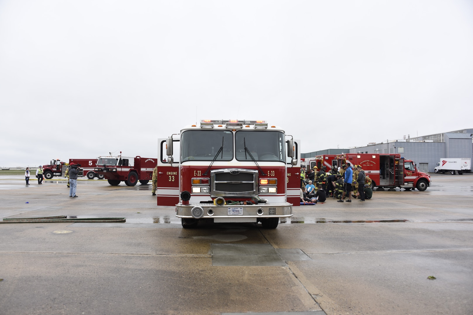 First response vehicles respond during Operation Blue Skywalker, April 10, 2019 at Delaware National Guard Base, Del. The 166th Civil Engineer Squadron Firefighters have an agreement with local authorities to assist in responding any time they are needed. (U.S. Air Force photo by Mr. Mitch Topal)