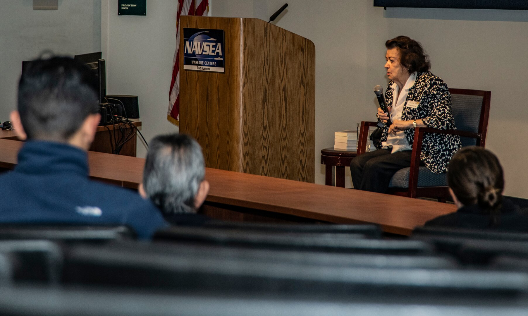 Clara Knopfler tells her story of survival from the Holocaust to personnel assigned to Naval Surface Warfare Center, Port Hueneme Division, as part of the command’s Holocaust Remembrance event, April 23.