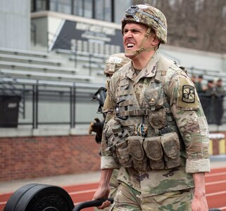 A University of Utah Valley Army ROTC cadet participates in the functional fitness event during the 51st annual Sandhurst Military Skills Competition at the U.S. Military Academy at West Point, New York, April 12-13. The team was one of two representing 5th Brigade Army ROTC, headquartered at Joint Base San Antonio-Fort Sam Houston.