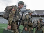 Tarleton State Army ROTC cadets carry weighted ammo cans during the Burden, the final event at the Sandhurst Military Skills Competition in Michie Stadium at the U.S. Military Academy at West Point, New York, April 12-13. The team was one of two representing 5th Brigade Army ROTC, headquartered at Joint Base San Antonio-Fort Sam Houston.