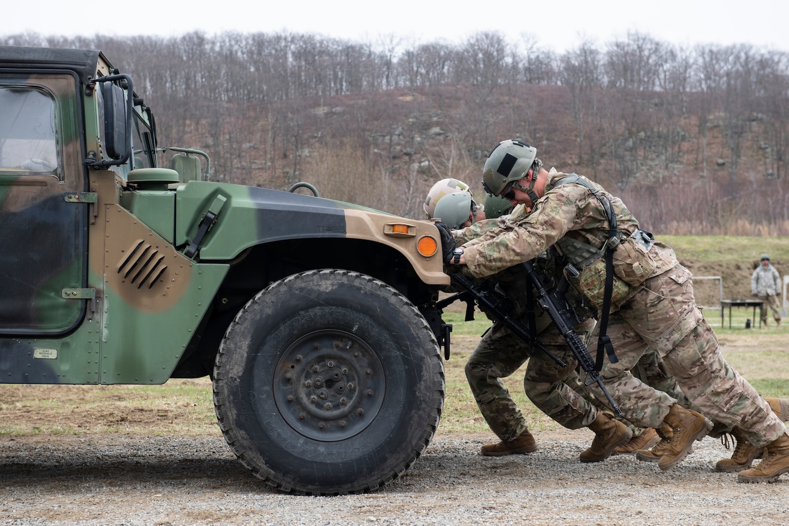 Army ROTC cadets push a Humvee between designated areas to earn points for this challenge during the 51st annual Sandhurst Military Skills Competition at the U.S. Military Academy at West Point, New York, April 12-13.