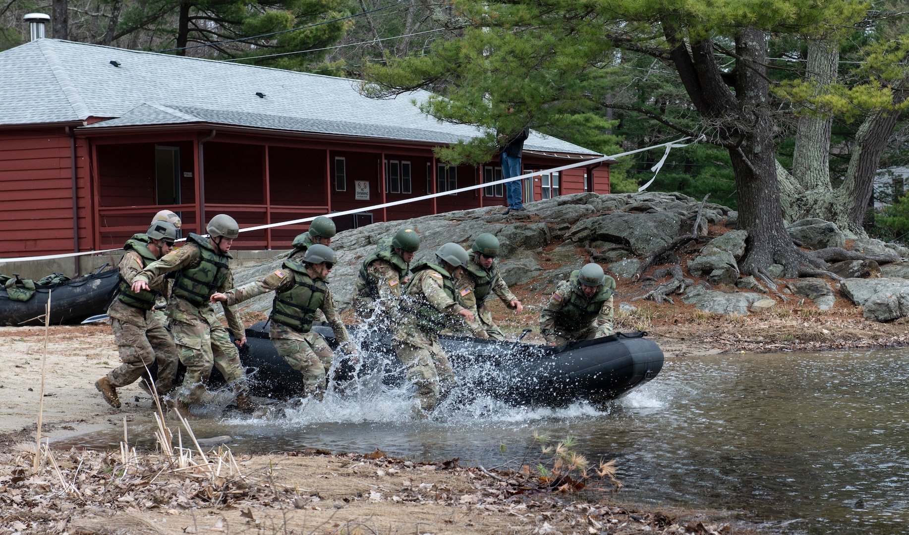 Tarleton State Army ROTC cadets rush to carry their zodiac boat into the water in the timed Zodiac Challenge event during the 51st annual Sandhurst Military Skills Competition at the U.S. Military Academy at West Point, New York, April 12-13. The team was one of two representing 5th Brigade Army ROTC, headquartered at Joint Base San Antonio-Fort Sam Houston.