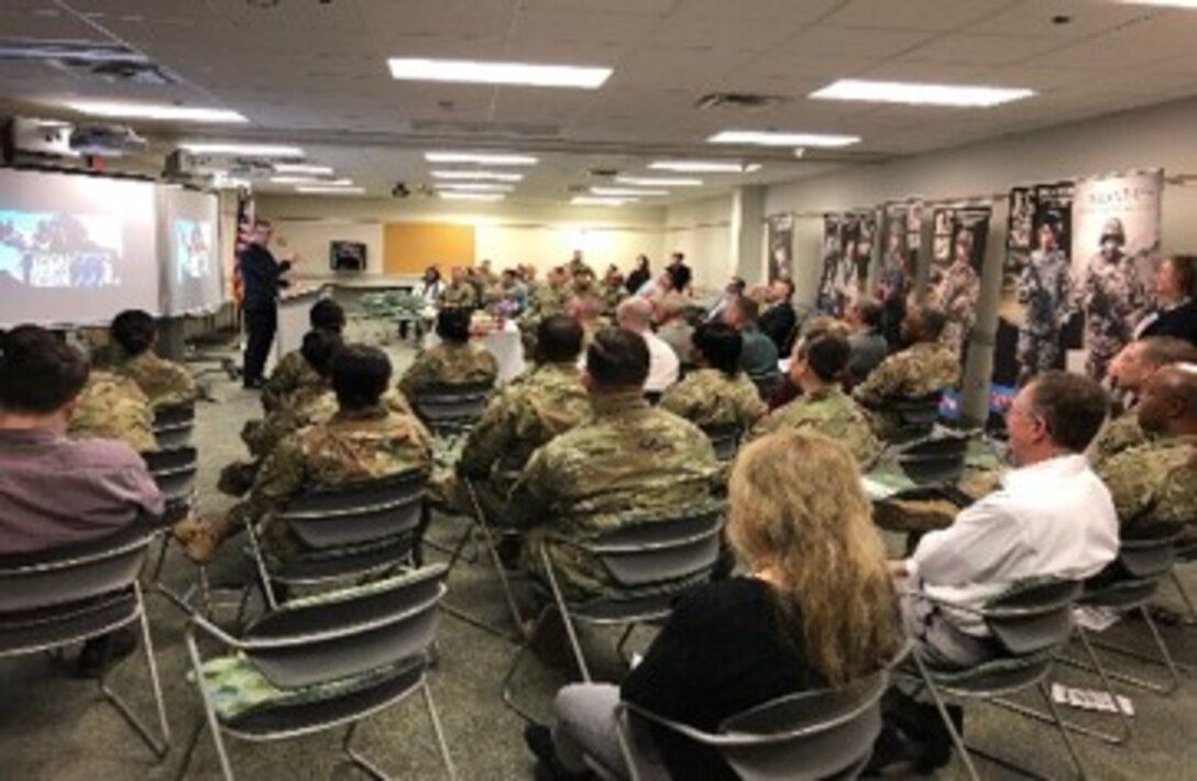 The Hon. Jon Nehring, Mayor of the City of Marysville, speaks to Army Reserve Soldiers and civilians of the 364th Sustainment Command (Expeditionary), 7th Battalion, Army Reserve Careers Division, and National Guardsmen based in Marysville, Washington, during a brief ceremony honoring the Army Reserve on its 111th birthday, April 23, 2019.