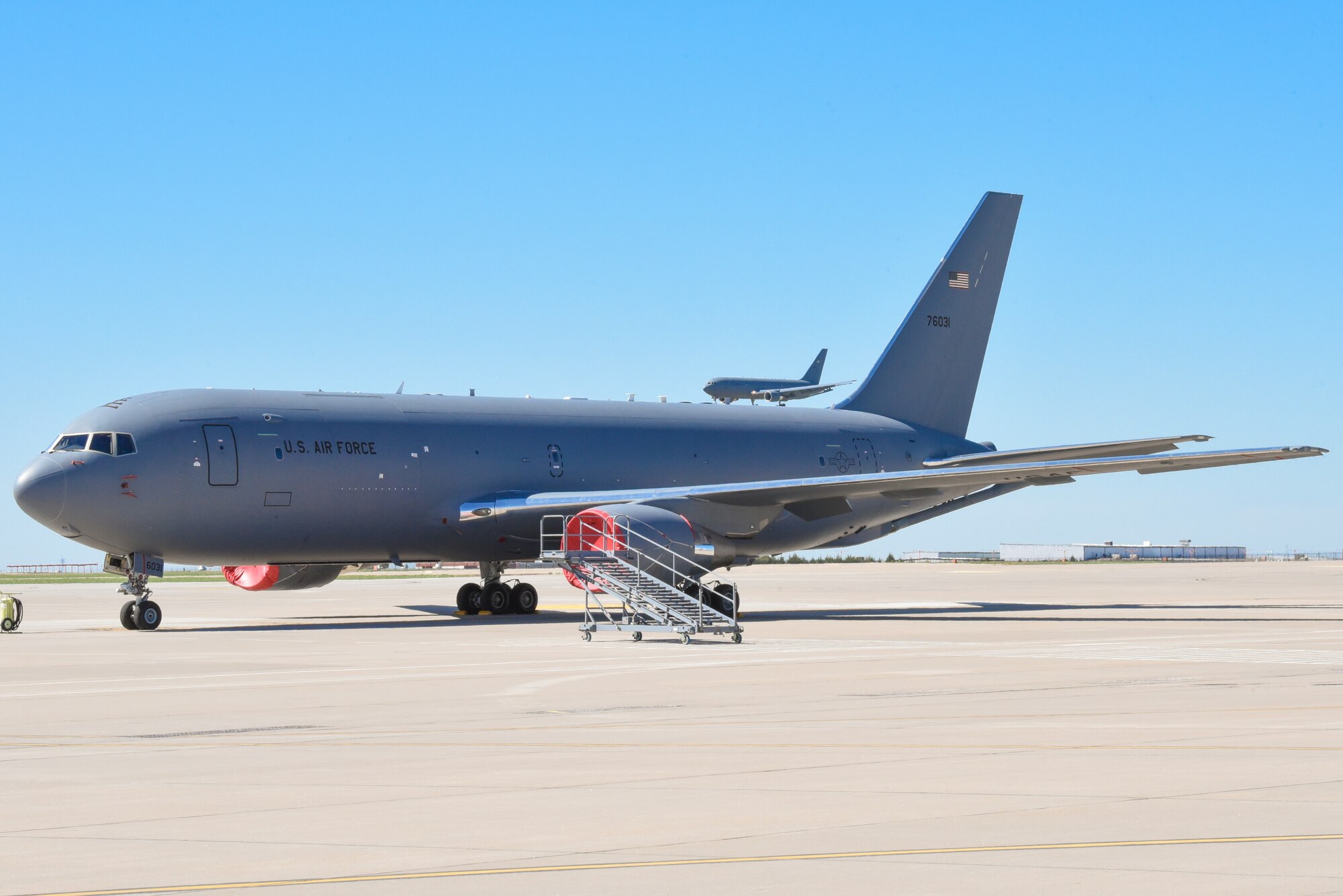 A KC-46A Pegasus lands April 20, 2019, at McConnell Air Force Base, Kan. This is the fifth KC-46 to be delivered to McConnell. It is the first Pegasus delivery to have an aircrew composed of both active duty and reserve pilots from the 22nd and 931st Air Refueling Wings. (U.S. Air Force photo by Airman 1st Class Alexi Myrick)