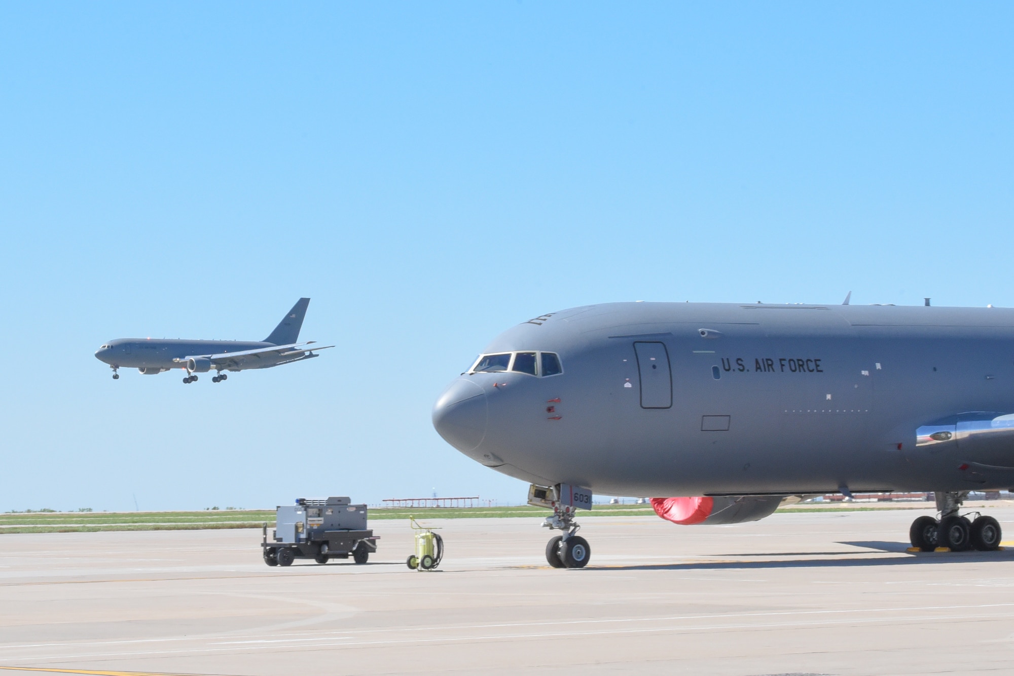 A KC-46A Pegasus lands April 20, 2019, at McConnell Air Force Base, Kan. This is the fifth KC-46 to be delivered to McConnell. It is the first Pegasus delivery to have an aircrew composed of both active duty and reserve pilots from the 22nd and 931st Air Refueling Wings. (U.S. Air Force photo by Airman 1st Class Alexi Myrick)