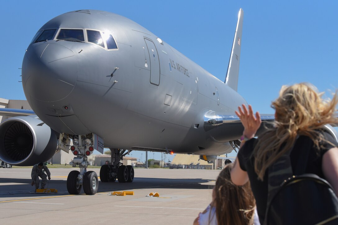 A KC-46A Pegasus parks on the flightline April 20, 2019, at McConnell Air Force Base, Kan. This is the fifth KC-46 to be delivered to McConnell. It is the first Pegasus delivery to have an aircrew composed of both active duty and reserve pilots from the 22nd and 931st Air Refueling Wings. (U.S. Air Force photo by Airman 1st Class Alexi Myrick)