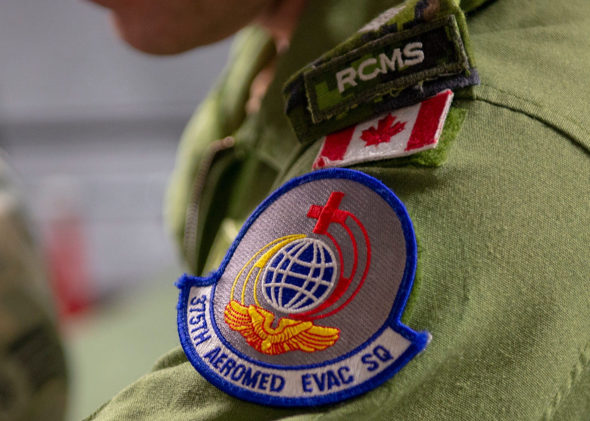 375th Armored Evactuation Squadron patch sits on uniform