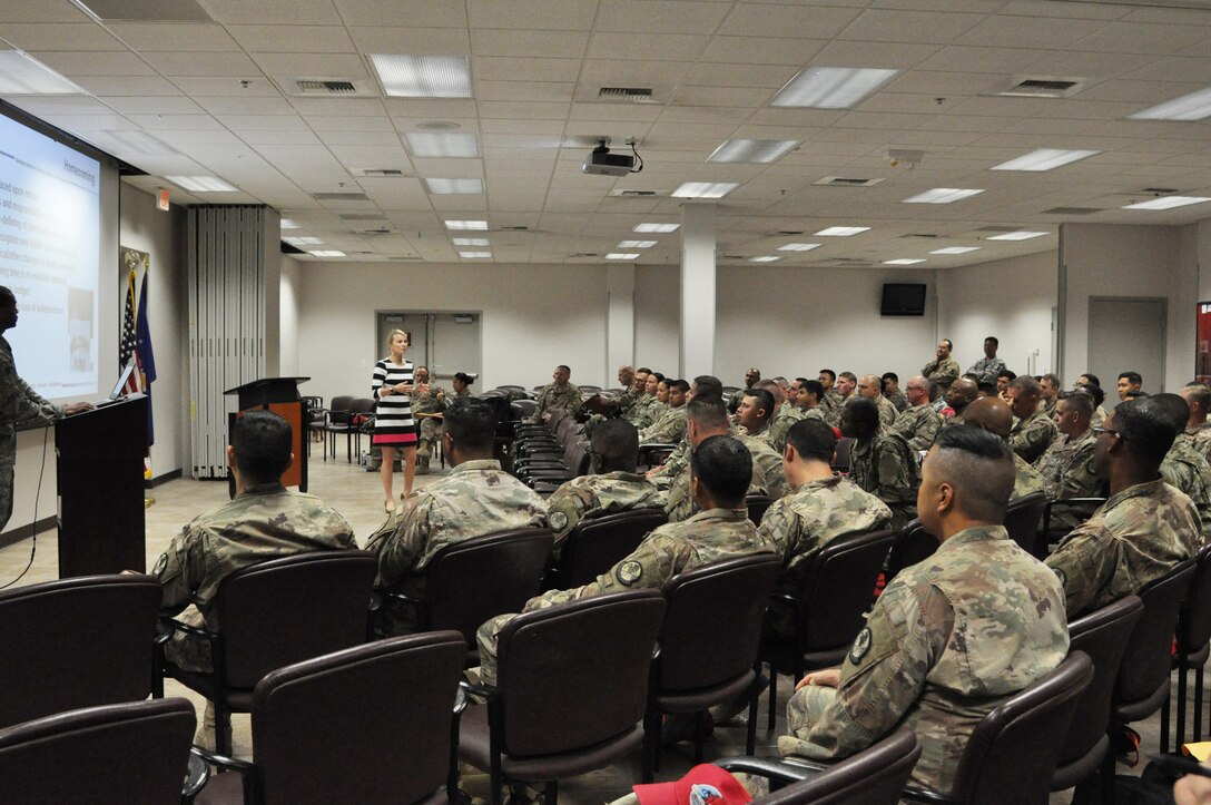 More than 70 Reserve Citizen Airmen from the Air Force Reserve's 555th RED HORSE squadron receive reintegration briefings April 25, 2018 at Nellis Air Force Base, Nev., after returning home from deployment.