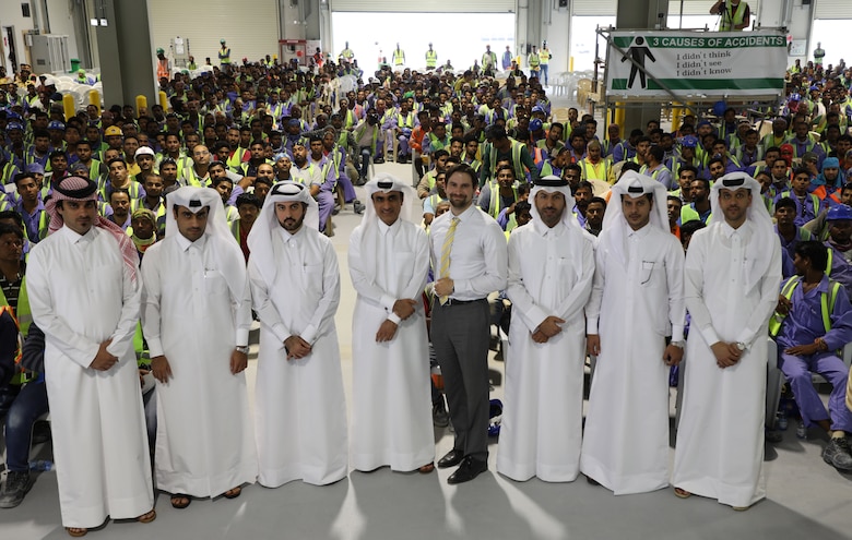 His Excellency Mr. Mohamad bin Hasan Al-Obaidly, Assistant Undersecretary for Labor Affairs at the Qatari Ministry of Labor and Social Affairs, spoke to a group of more than two thousand USACE contractors at a Shield 5 in Doha on Apr. 21, 2019. The event bolstered ongoing Qatar human rights initiatives, while also supporting the U.S. government's Combating Trafficking in Persons prevention measures. Remarks were delivered in both Arabic and Hindi to ensure workers received the information in their native languages, and all attendees received a "Workers' Rights" booklet printed in their language of choice.   

The event was attended by Mr. William Grant, the Chief of Mission and Chargé d’Affaires of the United States in Qatar, who said the U.S. Government makes it a priority to protect human rights for our workers around the world. During his comments he said the U.S. Government is "impressed" by the continuing efforts undertaken by the Qataris to protect the human rights of guest workers in their country.