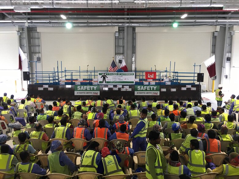 His Excellency Mr. Mohamad bin Hasan Al-Obaidly, Assistant Undersecretary for Labor Affairs at the Qatari Ministry of Labor and Social Affairs, spoke to a group of more than two thousand USACE contractors at a Shield 5 in Doha on Apr. 21, 2019. The event bolstered ongoing Qatar human rights initiatives, while also supporting the U.S. government's Combating Trafficking in Persons prevention measures. Remarks were delivered in both Arabic and Hindi to ensure workers received the information in their native languages, and all attendees received a "Workers' Rights" booklet printed in their language of choice.   

The event was attended by Mr. William Grant, the Chief of Mission and Chargé d’Affaires of the United States in Qatar, who said the U.S. Government makes it a priority to protect human rights for our workers around the world. During his comments he said the U.S. Government is "impressed" by the continuing efforts undertaken by the Qataris to protect the human rights of guest workers in their country.