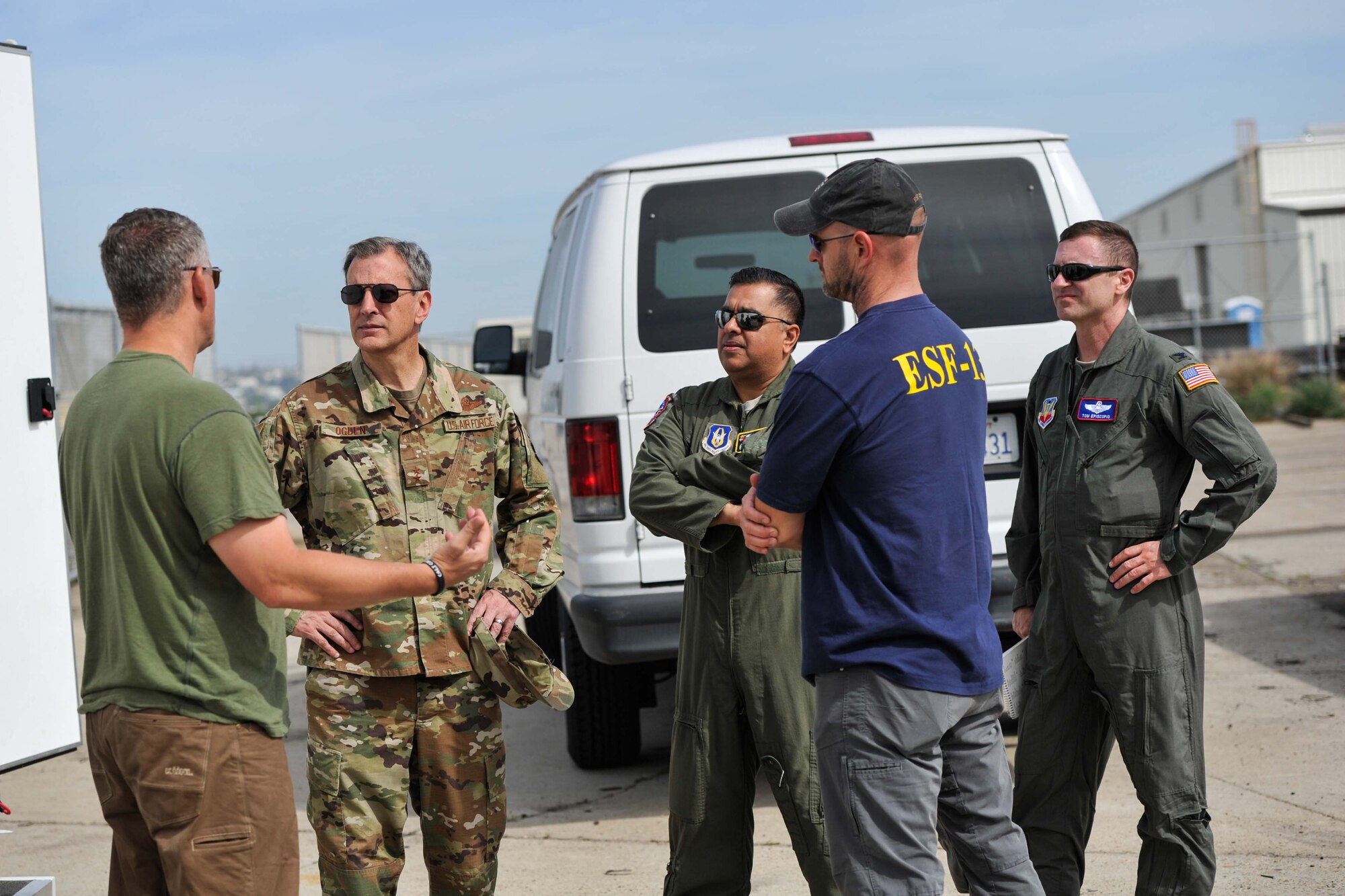 U.S. Air Force Maj. Gen. Randall W. Ogden, commander, Headquarters Fourth Air Force, second from left, meets with representatives from the FBI Rapid Deployment Team, Los Angeles, and the Federal Emergency Management Agency Emergency Support Function 13, California, during exercise Patriot Hook, April 14, 2019, at Naval Air Station North Island, California. Patriot Hook is an annual exercise simulating a joint military and civilian force response to a natural disaster in a forward deployed location. (U.S. Air Force photo by Tech. Sgt. Heather Cozad Staley)