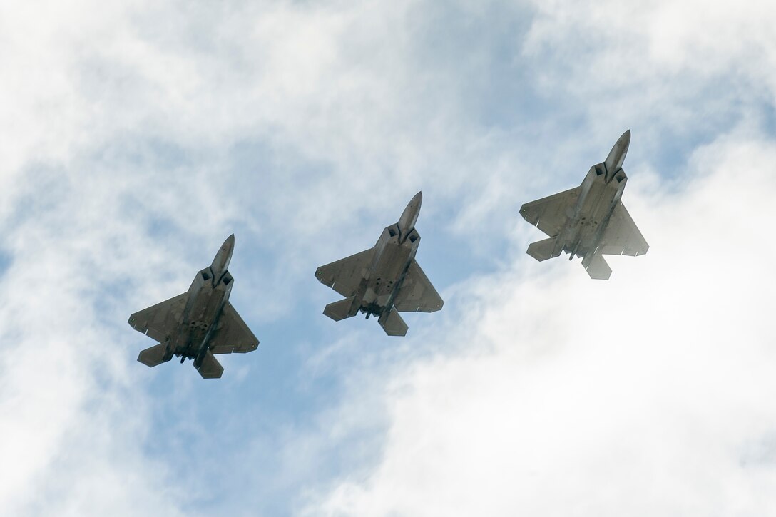 F-22 Raptors assigned to the 199th and 19th Fighter Squadrons arrive at Andersen Air Force Base, Guam, during exercise Resilient Typhoon, April 22, 2019.