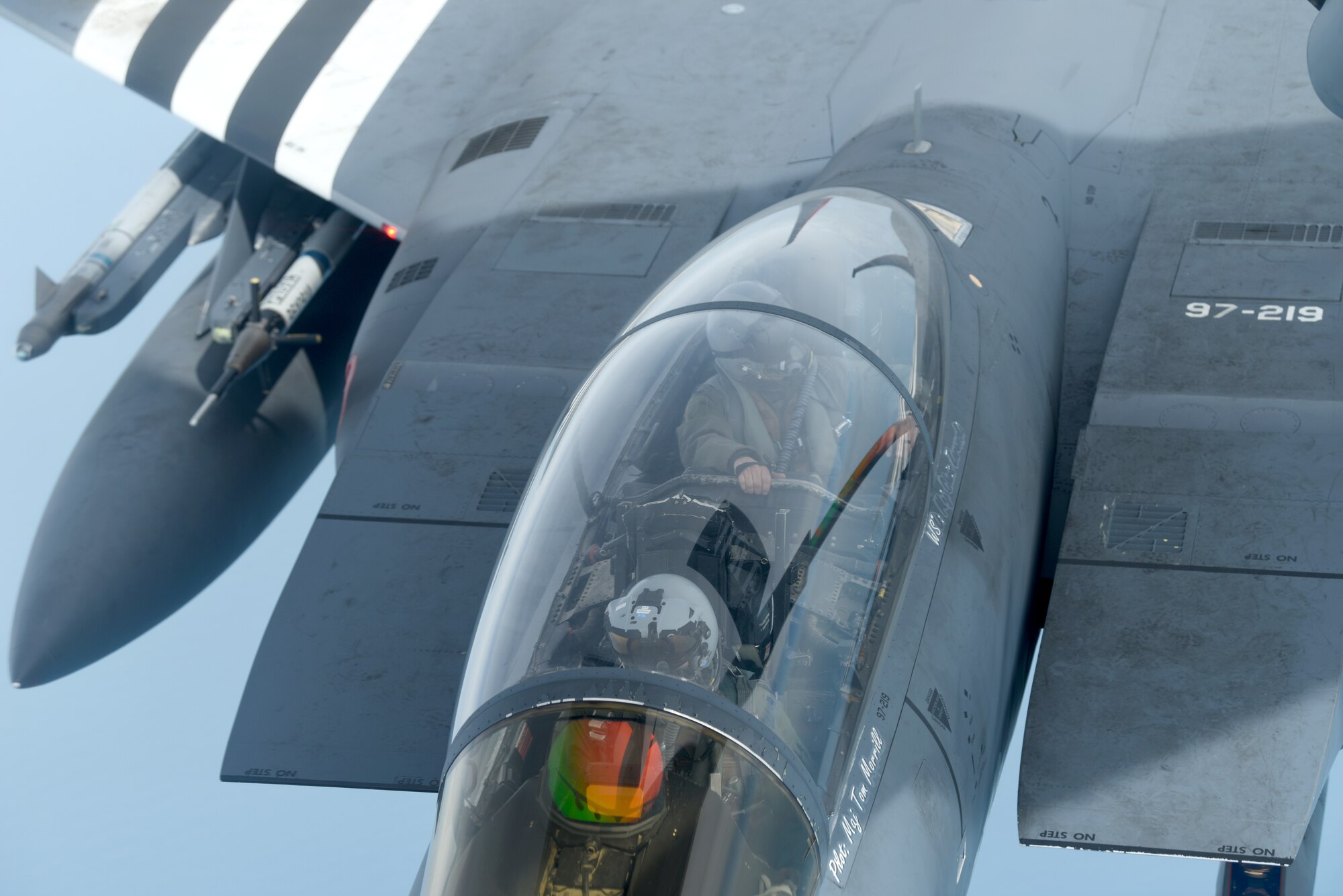 An F-15E Strike Eagle assigned to the 48th Fighter Wing at RAF Lakenheath, England, painted in the heritage colors of its World War II P-47 Thunderbolt predecessor, receives fuel from a 351st Air Refueling Squadron KC-135 Stratotanker at RAF Mildenhall during the “FURIOUS 48” readiness exercise over the skies of England, April 24, 2019. The exercise was designed to emphasize the importance of combat skills effectiveness training and test 100th ARW and 48th FW Airmen on their ability to survive and operate in wartime conditions. (U.S. Air Force photo by Airman 1st Class Brandon Esau)
