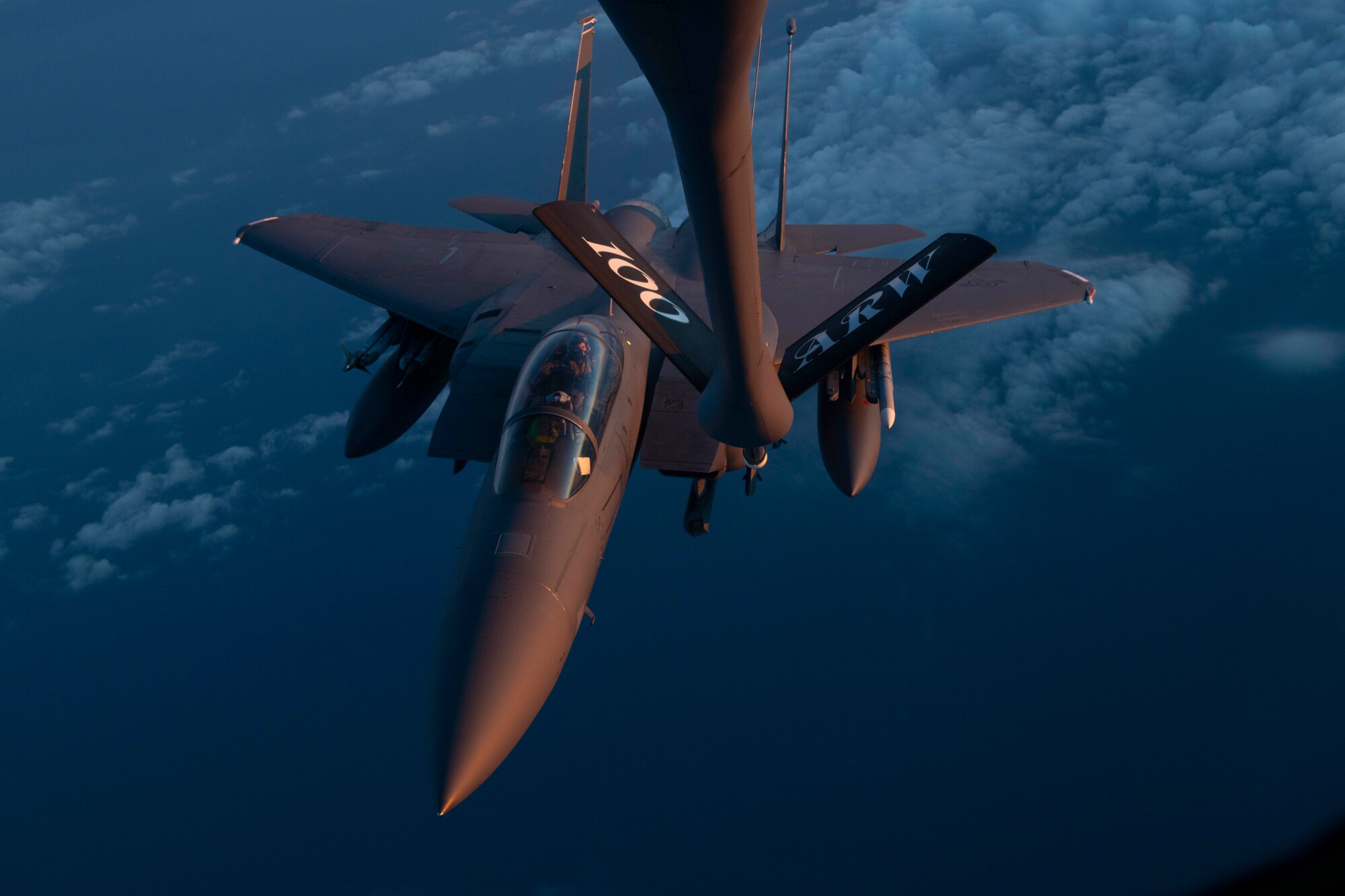 An F-15E Strike Eagle assigned to the 48th Fighter Wing at RAF Lakenheath, England, receives fuel from a 351st Air Refueling Squadron KC-135 Stratotanker at RAF Mildenhall during the “FURIOUS 48” readiness exercise over the skies of England, April, 24, 2019. Exercise scenarios were designed to ensure 100th ARW Airmen were fully prepared for potential contingencies in the wing’s area of responsibility. (U.S. Air Force photo by Senior Airman Luke Milano)