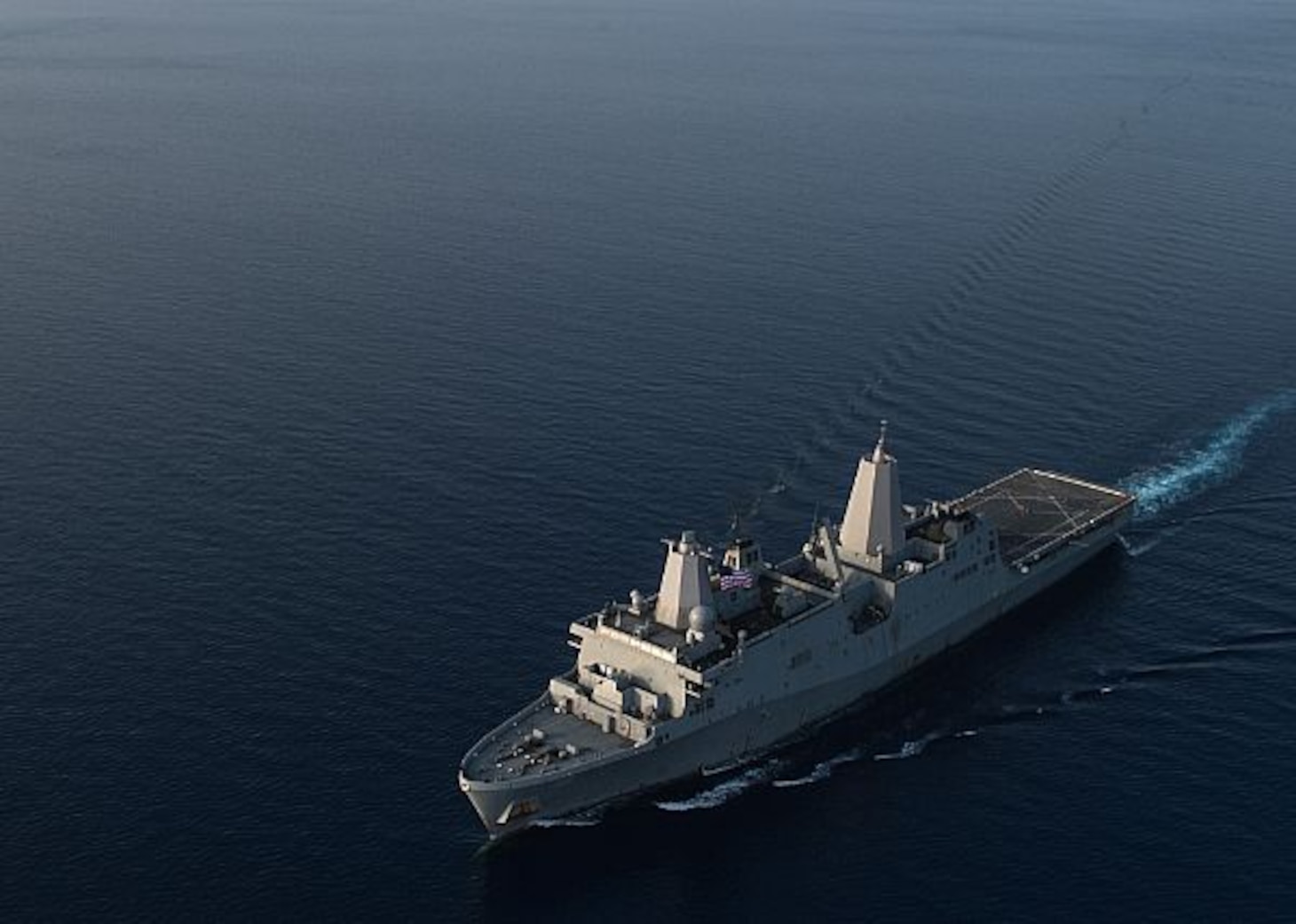 The amphibious transport dock ship USS New Orleans (LPD 18) transits the Gulf of Aden. New Orleans is part of the Boxer Amphibious Ready Group and, with the embarked 13th Marine Expeditionary Unit, is deployed in support of maritime security operations and theater security cooperation efforts in the 5th Fleet area of operations.