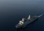 The amphibious transport dock ship USS New Orleans (LPD 18) transits the Gulf of Aden. New Orleans is part of the Boxer Amphibious Ready Group and, with the embarked 13th Marine Expeditionary Unit, is deployed in support of maritime security operations and theater security cooperation efforts in the 5th Fleet area of operations.