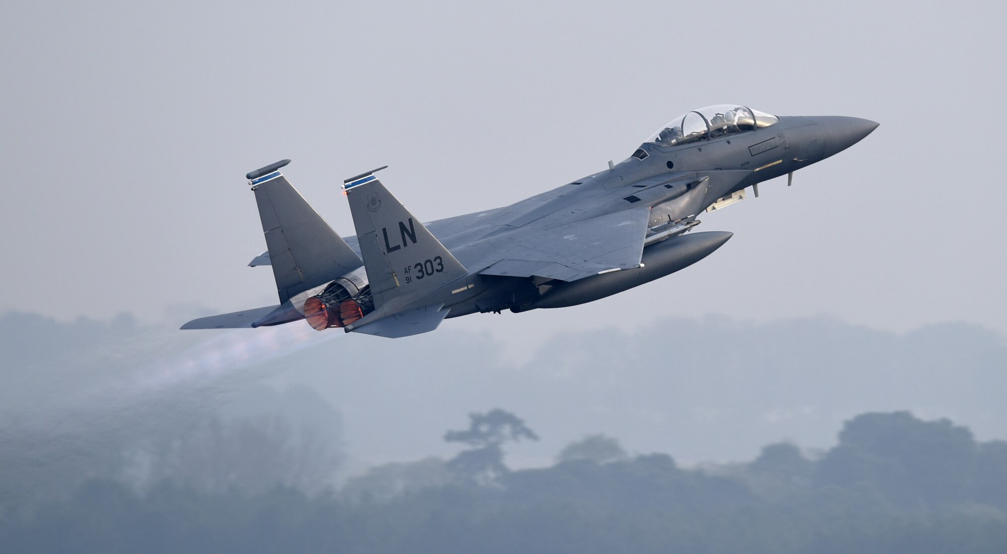 An F-15E Strike Eagle assigned to the 492nd Fighter Squadron takes off from the flight line at Royal Air Force Lakenheath, England, April 24, 2019. The 48th Fighter Wing is participating in a readiness exercise from 23-25 April focused on continuous operations over a 48-hour period. (U.S. Air Force photo by Airman 1st Class Madeline Herzog)