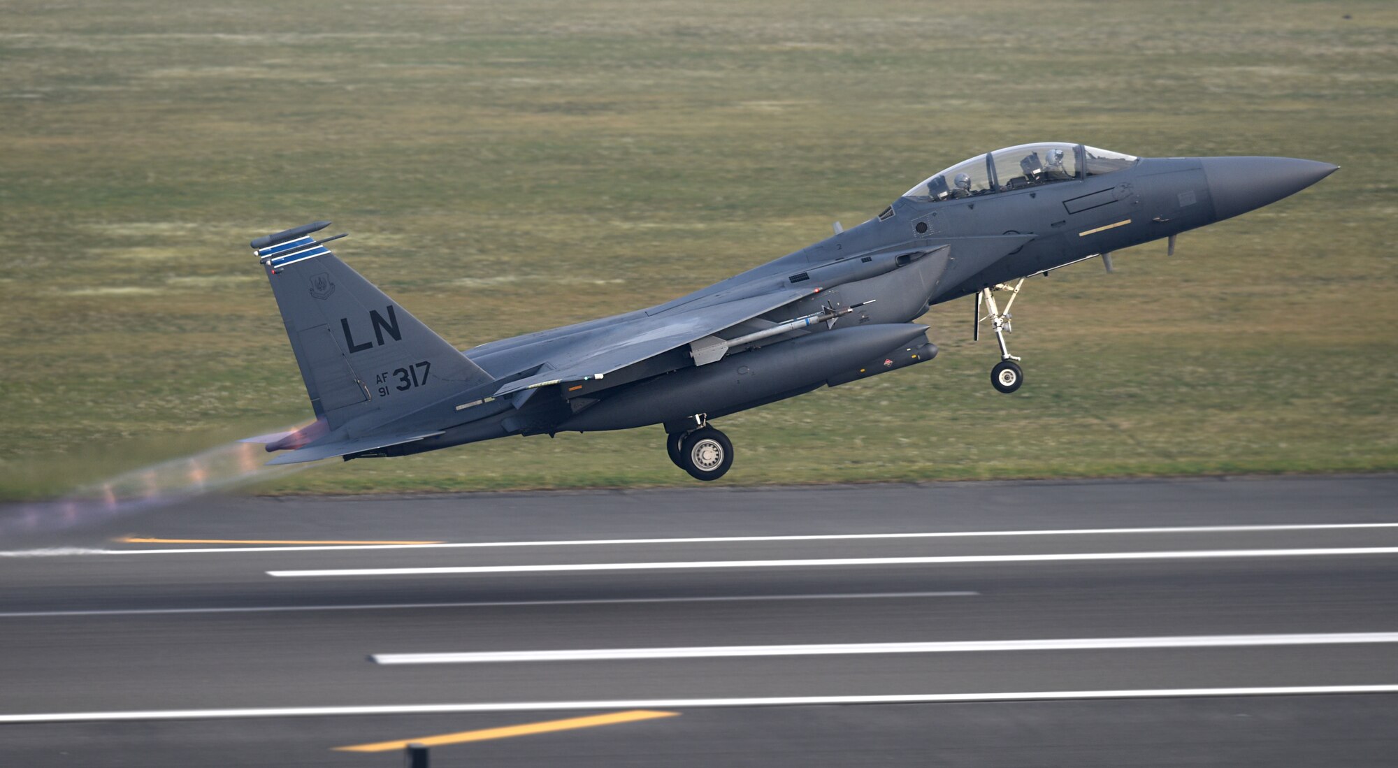 An F-15E Strike Eagle assigned to the 492nd Fighter Squadron takes off from the flight line at Royal Air Force Lakenheath, England, April 24, 2019. The 48th Fighter Wing is participating in a readiness exercise from 23-25 April focused on continuous operations over a 48-hour period. (U.S. Air Force photo by Airman 1st Class Madeline Herzog)