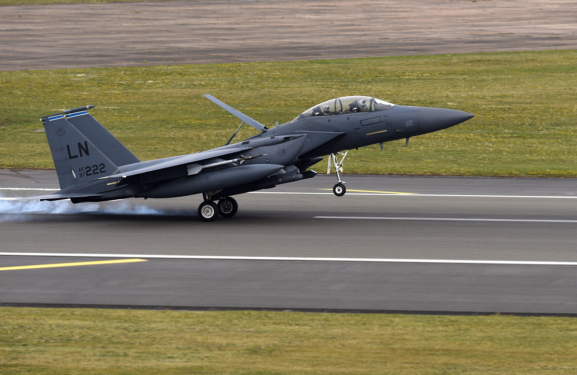 An F-15E Strike Eagle assigned to the 492nd Fighter Squadron lands on the flight line at Royal Air Force Lakenheath, England, April 23, 2019. The 48th Fighter Wing is participating in a readiness exercise from 23-25 April focused on continuous operations over a 48-hour period. (U.S. Air Force photo by Airman 1st Class Madeline Herzog)