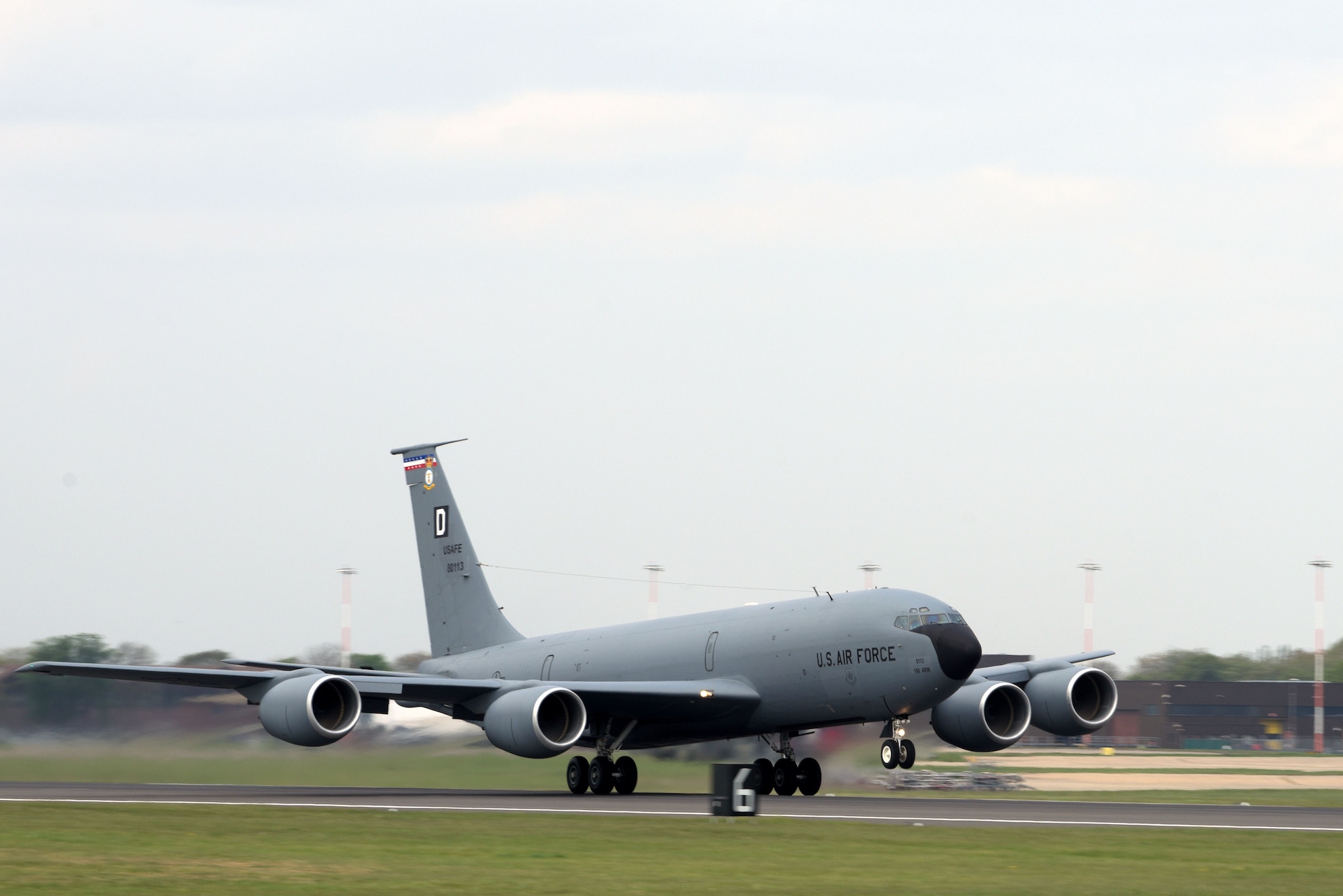 A U.S. Air Force KC-135 Stratotanker from the 100th Air Refueling Wing accelerates during take-off at RAF Mildenhall, England, April 24, 2019. Mission Assurance Exercise 19-01, designated ‘FURIOUS 48,’ brought two wings together, RAF Mildenhall and RAF Lakenheath, to work on combat skills and aerial refueling training. (U.S. Air Force photo by Senior Airman Benjamin Cooper)