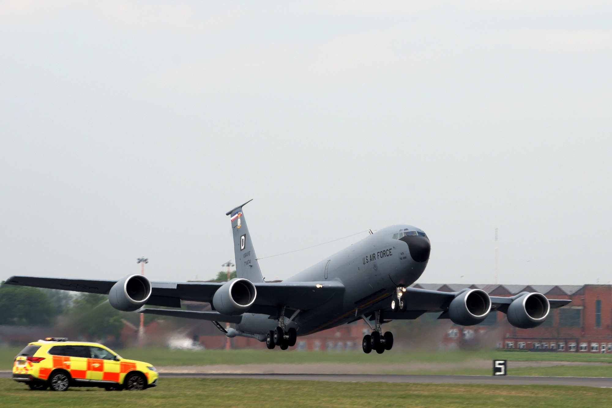 A U.S. Air Force KC-135 Stratotanker from the 100th Air Refueling Wing takes off at RAF Mildenhall, England, April 24, 2019. During Mission Assurance Exercise 19-01, the 100th Air Refueling Wing and 48th Fighter Wing completed a 48-hour readiness exercise, which included aerial refueling and limited night flying. (U.S. Air Force photo by Senior Airman Benjamin Cooper)
