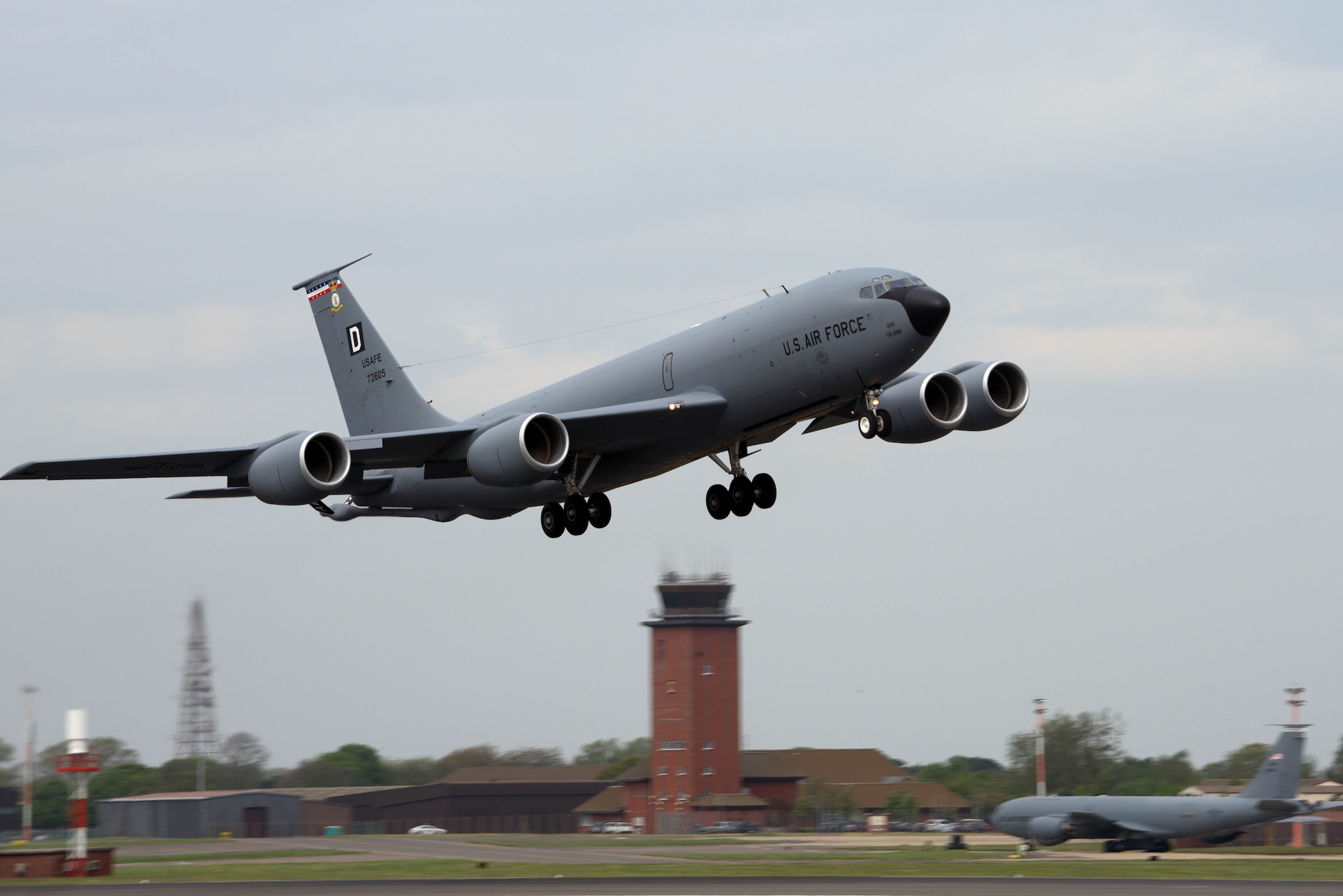 A U.S. Air Force KC-135 Stratotanker from the 100th Air Refueling Wing takes off at RAF Mildenhall, England, April 24, 2019. During Mission Assurance Exercise 19-01, the 100th ARW prepared 32 out of 32 Stratotankers on time, and off loaded over 762,000 pounds of fuel to over 90 receivers. (U.S. Air Force photo by Senior Airman Benjamin Cooper)