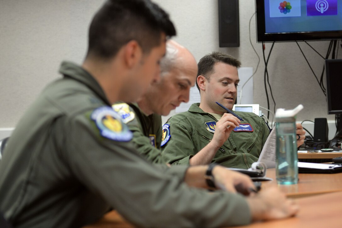 U.S. Air Force Maj. Mike Renna, 351st Air Refueling Squadron aircraft commander, briefs his crew on their mission at RAF Mildenhall, England, April 24, 2019. During Mission Assurance Exercise 19-01, Airmen tested their ability to survive and operate in wartime conditions, as well as showcased their ability to generate combat airpower in a wide range of environments and scenarios. (U.S. Air Force photo by Senior Airman Benjamin Cooper)
