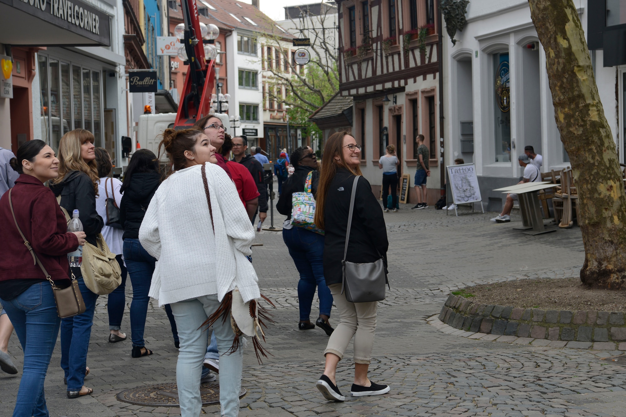 A group of military spouses from Ramstein Air Base goes sightseeing during spouses tour in
Kaiserslautern, Germany, April 23, 2019. The spouses tour strives to educate new Ramstein
spouses and newcomers on base facility resources and opportunities. (U.S. Air Force photo by
Senior Airman Sara Voigt)
